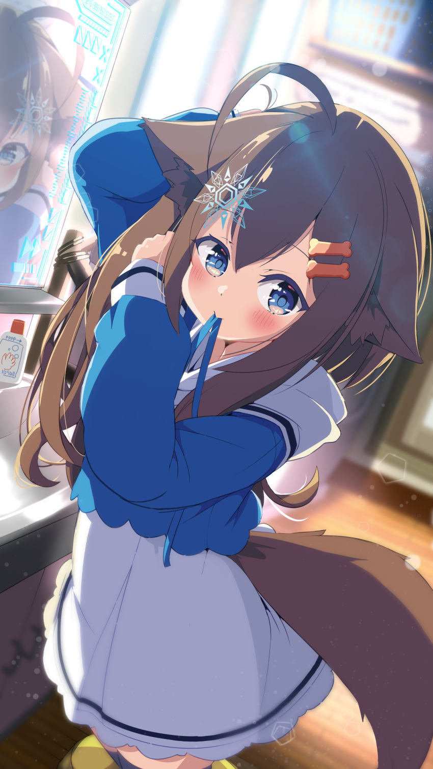 1girl absurdres adjusting_hair animal_ears bathroom black_thighhighs blue_hoodie bone_hair_ornament brown_hair commission dog_ears dog_girl dog_tail hair_ornament highres hood hood_down hoodie long_hair long_hoodie long_sleeves looking_at_viewer mirror mouth_hold reflection ribbon ribbon_in_mouth shiro9jira sidelocks sink skeb_commission soap_bottle tail thigh-highs two-tone_hoodie vrchat white_hoodie