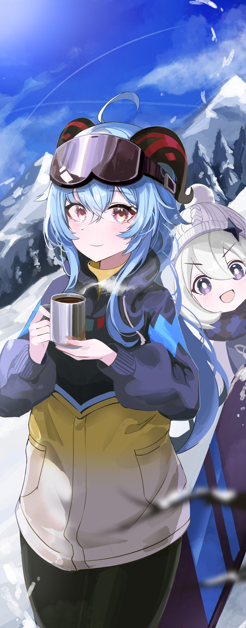 2girls absurdres ahoge bangs blue_hair buza006 coat coffee_cup cowboy_shot cup day disposable_cup ganyu_(genshin_impact) genshin_impact goggles goggles_on_head halo highres horns long_hair looking_at_viewer mountain multiple_girls official_alternate_costume outdoors paimon_(genshin_impact) sidelocks smile snow violet_eyes white_hair winter_clothes winter_coat
