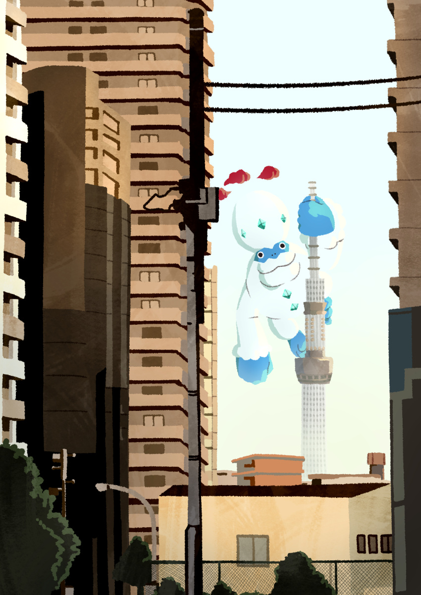 black_eyes building canty! closed_mouth commentary_request dynamax galarian_darmanitan highres lamppost no_humans outdoors pokemon pokemon_(creature) power_lines smile solo tokyo_(city) tower utility_pole