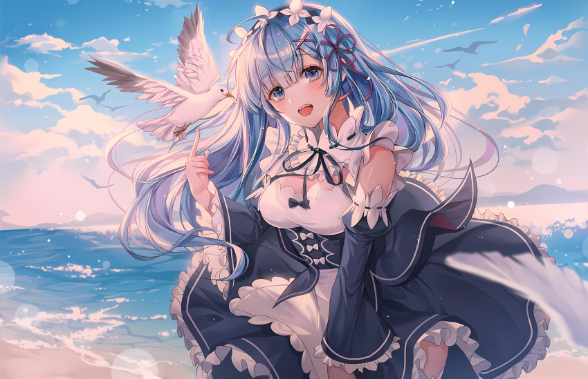 1girl apron beach bird black_ribbon blue_eyes blue_hair blue_sky breasts clouds cloudy_sky detached_sleeves dress evening floating_hair frilled_apron frilled_sleeves frills gradient_sky hair_ornament hair_ribbon horizon long_hair looking_at_viewer maid medium_breasts neck_ribbon ocean oni open_mouth outdoors pink_ribbon re:zero_kara_hajimeru_isekai_seikatsu rem_(re:zero) ribbon roswaal_mansion_maid_uniform seagull sky smile solo twilight waist_apron water white_apron wind woman x_hair_ornament