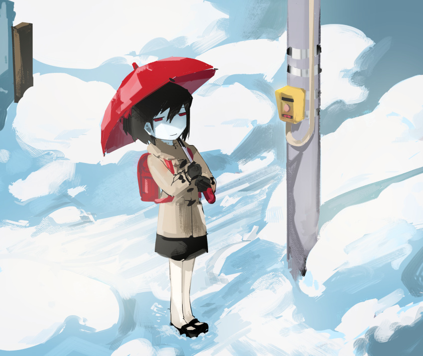 1girl absurdres backpack bag bangs black_footwear black_gloves black_hair black_skirt bow brown_coat closed_mouth coat colored_skin commentary_request cookie_(touhou) full_body gloves hair_bow highres holding holding_umbrella ishizaki_(ishizaki100) looking_at_viewer mary_janes outdoors red_bag red_bow red_eyes red_umbrella shaded_face shoes short_hair siyudi_(cookie) skirt smile snow solo standing umbrella utility_pole white_skin