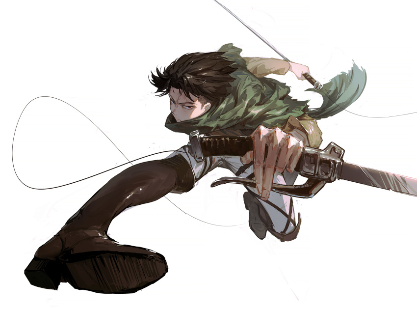 1boy angry boots brown_eyes brown_footwear brown_hair character_request dino_(dinoartforame) dual_wielding foreshortening green_scarf highres holding holding_sword holding_weapon looking_at_viewer paradis_military_uniform scarf shingeki_no_kyojin simple_background solo sword three-dimensional_maneuver_gear weapon white_background