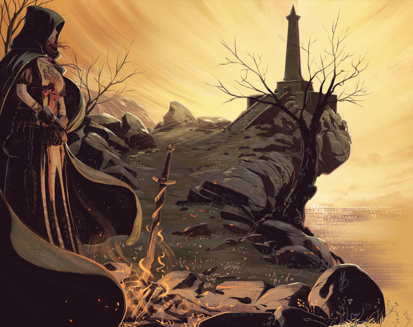 1girl bonfire_(dark_souls) brown_gloves cape cliff dark_souls_(series) dark_souls_ii dress emerald_herald gloves green_cape highres hood hood_up hooded_cape max58art planted planted_sword solo stairs sword tabard tower weapon