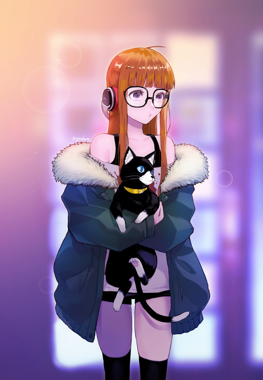 1girl absurdres ahoge animal bangs bare_shoulders black-framed_eyewear black_cat black_shorts black_tank_top black_thighhighs blue_eyes blunt_bangs blurry blurry_background carrying cat collar collarbone fur-trimmed_jacket fur_trim glasses green_jacket headphones highres igusaharu jacket long_hair long_sleeves looking_away morgana_(persona_5) off-shoulder_shirt off_shoulder open_clothes orange_hair persona persona_5 sakura_futaba shirt short_shorts shorts sidelocks straight_hair tank_top thigh-highs twitter_username violet_eyes white_shirt yellow_collar