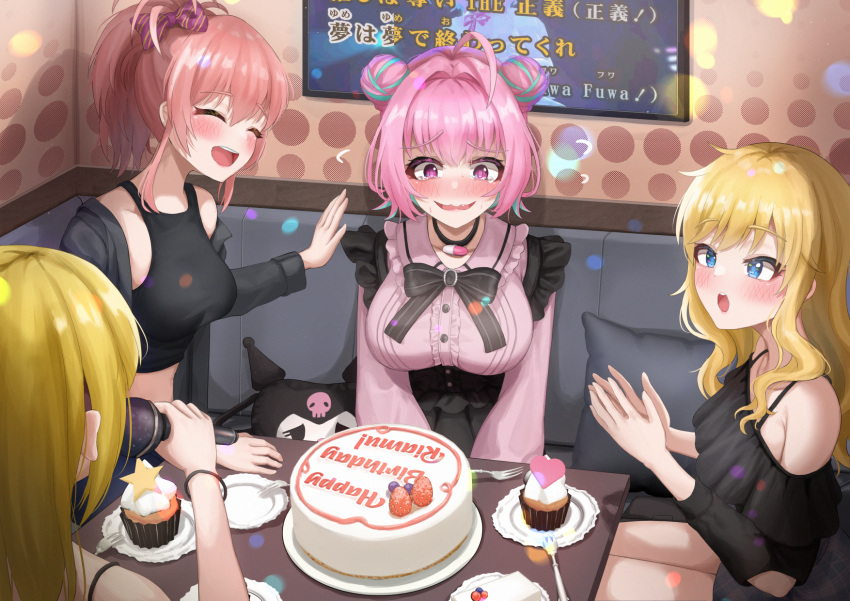 4girls ahoge bangs birthday_cake black_ribbon blonde_hair blue_eyes blue_hair blush breasts cake cupcake double_bun english_text fang food frills from_behind fruit fujimoto_rina hair_between_eyes hair_bun hair_intakes hands_up highres holding holding_microphone idolmaster idolmaster_cinderella_girls indoors iro_(boo_iro) jougasaki_mika karaoke large_breasts long_sleeves medium_breasts microphone multicolored_hair multiple_girls neck_ribbon nose_blush ohtsuki_yui pill pillow pink_eyes pink_hair raised_eyebrows ribbon sitting skirt smile teeth thighs two-tone_hair upper_teeth yumemi_riamu