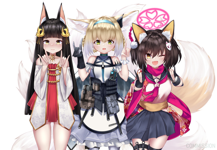 3girls \m/ absurdres animal_ear_fluff animal_ears arknights arms_up ass_visible_through_thighs azur_lane bangs black_gloves black_hair blonde_hair blue_archive blue_skirt blunt_bangs braid brown_eyes brown_hair choker commission crossover detached_sleeves double_fox_shadow_puppet dress floral_print fox_ears fox_girl fox_shadow_puppet fox_tail gloves green_eyes hair_ornament hairband halo highres id_card irkawaza izuna_(blue_archive) japanese_clothes kimono long_hair multiple_girls multiple_tails nagato_(azur_lane) off_shoulder one_eye_closed one_side_up open_mouth pantyhose pink_kimono pleated_skirt print_kimono red_dress red_scarf scarf school_uniform serafuku shadow_puppet shirt short_dress shuriken single_glove skirt sleeveless sleeveless_shirt smile suzuran_(arknights) tail thigh_strap trait_connection twin_braids twintails weapon white_pantyhose white_shirt white_sleeves