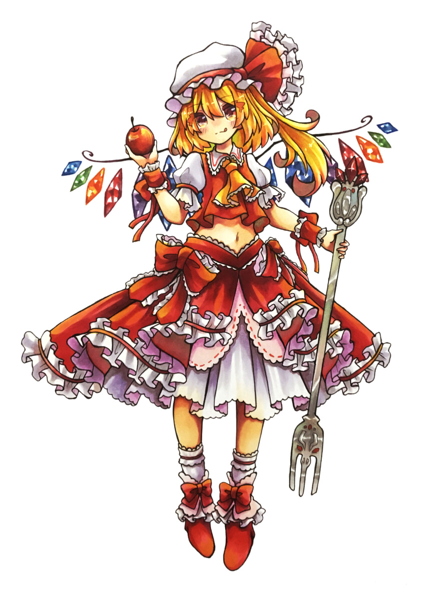 1girl blonde_hair collared_shirt flandre_scarlet food fork fruit high_heels highres holding holding_food holding_fork holding_fruit marker_(medium) misosiru_0224 pumps red_eyes red_skirt red_vest ribbon shirt side_ponytail skirt solo tongue tongue_out touhou traditional_media vest white_headwear wings