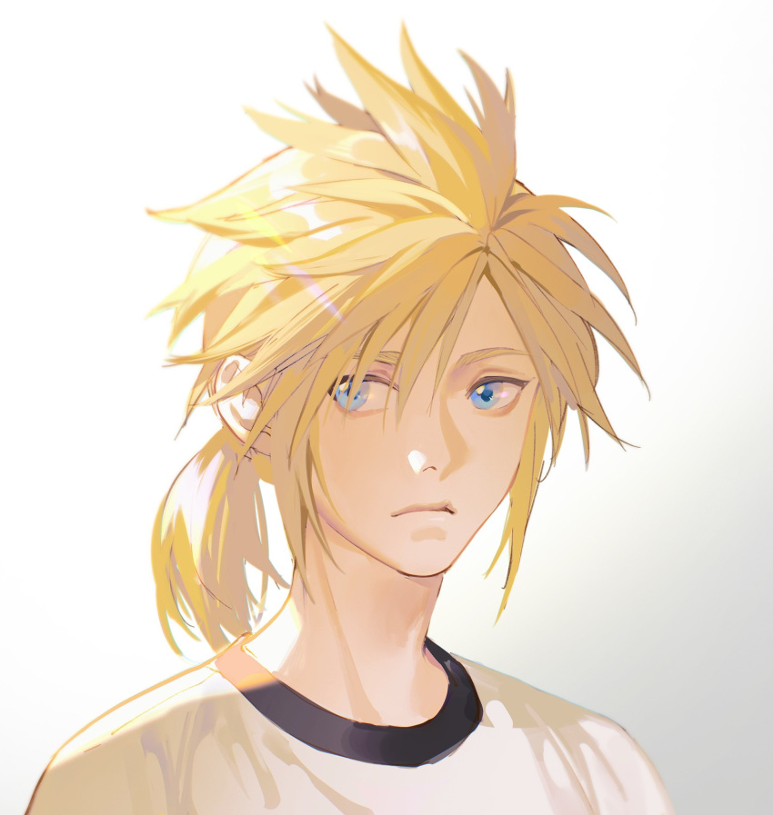1boy aged_down black_shirt blonde_hair blue_eyes cloud_strife final_fantasy final_fantasy_vii final_fantasy_vii_remake hair_between_eyes highres layered_shirt looking_to_the_side low_ponytail male_focus medium_hair official_alternate_costume portrait shirt solo spiky_hair white_background white_shirt xianyu314