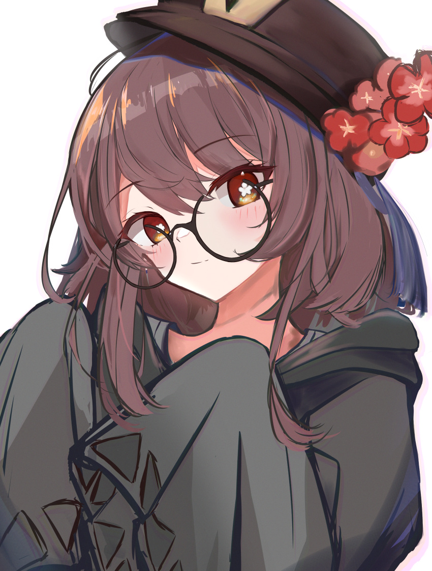 1girl absurdres alternate_costume brown_hair casual closed_mouth culumi_0416 flower flower-shaped_pupils genshin_impact glasses hat hat_flower highres hood hoodie hu_tao_(genshin_impact) long_hair looking_at_viewer porkpie_hat red_eyes round_eyewear simple_background sleeves_past_wrists smile solo symbol-shaped_pupils white_background