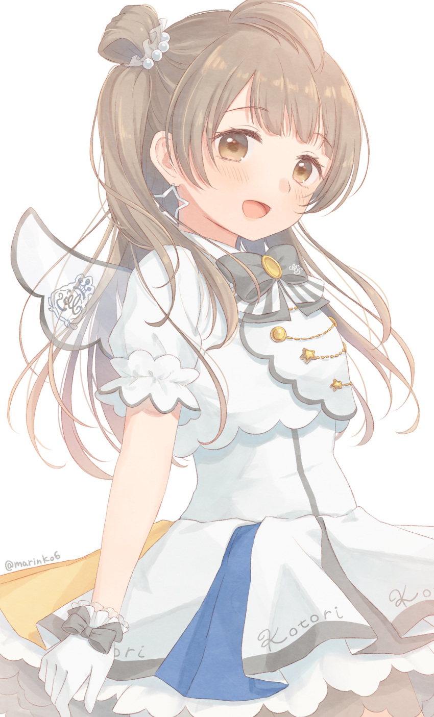 1girl absurdres artist_name blush brown_eyes commentary_request dress earrings frilled_dress frills gloves grey_ribbon highres jewelry kazane_mari light_brown_hair long_hair looking_at_viewer love_live! love_live!_school_idol_project minami_kotori one_side_up open_mouth puffy_short_sleeves puffy_sleeves short_sleeves simple_background smile solo star_(symbol) star_earrings upper_body white_background white_dress white_gloves wings