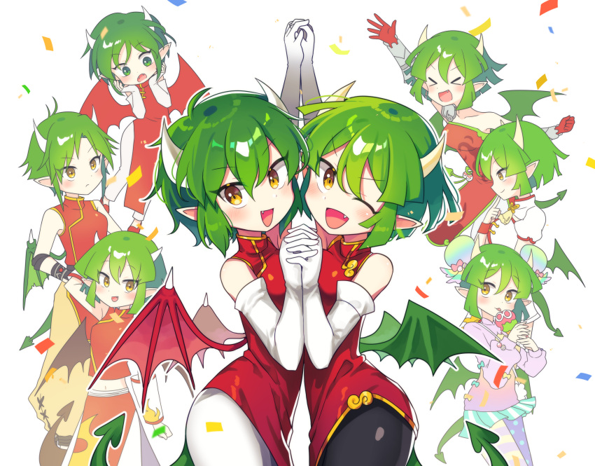 6+girls absurdres arms_up black_pants blush brown_eyes china_dress chinese_clothes confetti copyright_request draco_centauros dragon_girl dragon_horns dragon_tail dragon_wings dress elbow_gloves fang gloves green_hair highres holding_hands horns looking_at_viewer multiple_girls offbeat official_alternate_costume one_eye_closed open_mouth pants pantyhose pointy_ears puyopuyo red_dress short_hair sidelocks simple_background smile tail white_background white_gloves white_pantyhose wings