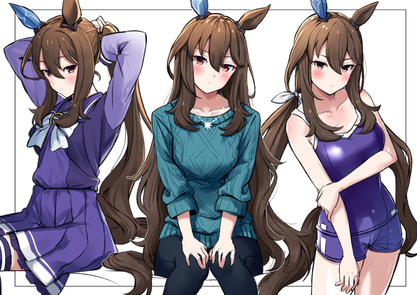 1girl absurdres admire_vega_(umamusume) animal_ears arm_under_breasts blue_sweater brown_eyes brown_hair cowboy_shot ear_covers grabbing_own_arm highres holding holding_tray horse_ears horse_girl long_hair looking_at_viewer low_ponytail multiple_views school_uniform single_ear_cover sitting solo sweater swimsuit totoki86 tracen_school_uniform tracen_swimsuit tray tying_hair umamusume very_long_hair winter_uniform