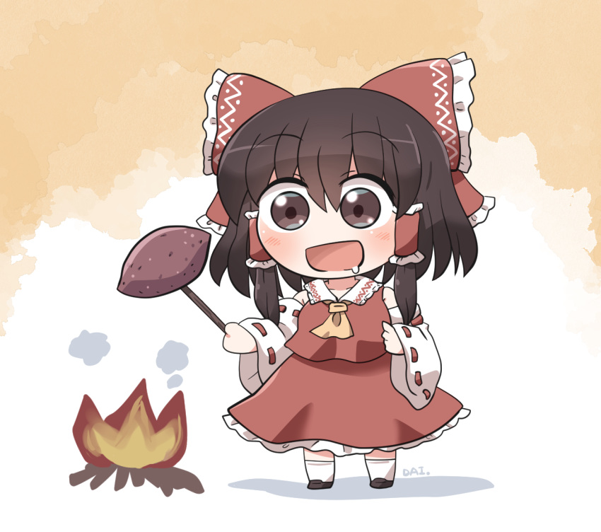 1girl ascot bare_shoulders black_footwear black_hair blush bonfire bow brown_eyes detached_sleeves drooling fire food full_body hair_between_eyes hair_bow hair_tubes hakurei_reimu holding japanese_clothes long_hair nontraditional_miko open_mouth red_bow red_skirt ribbon-trimmed_sleeves ribbon_trim rokugou_daisuke shoes sidelocks signature skirt smile socks solo sweet_potato touhou white_sleeves white_socks wide_sleeves yellow_ascot