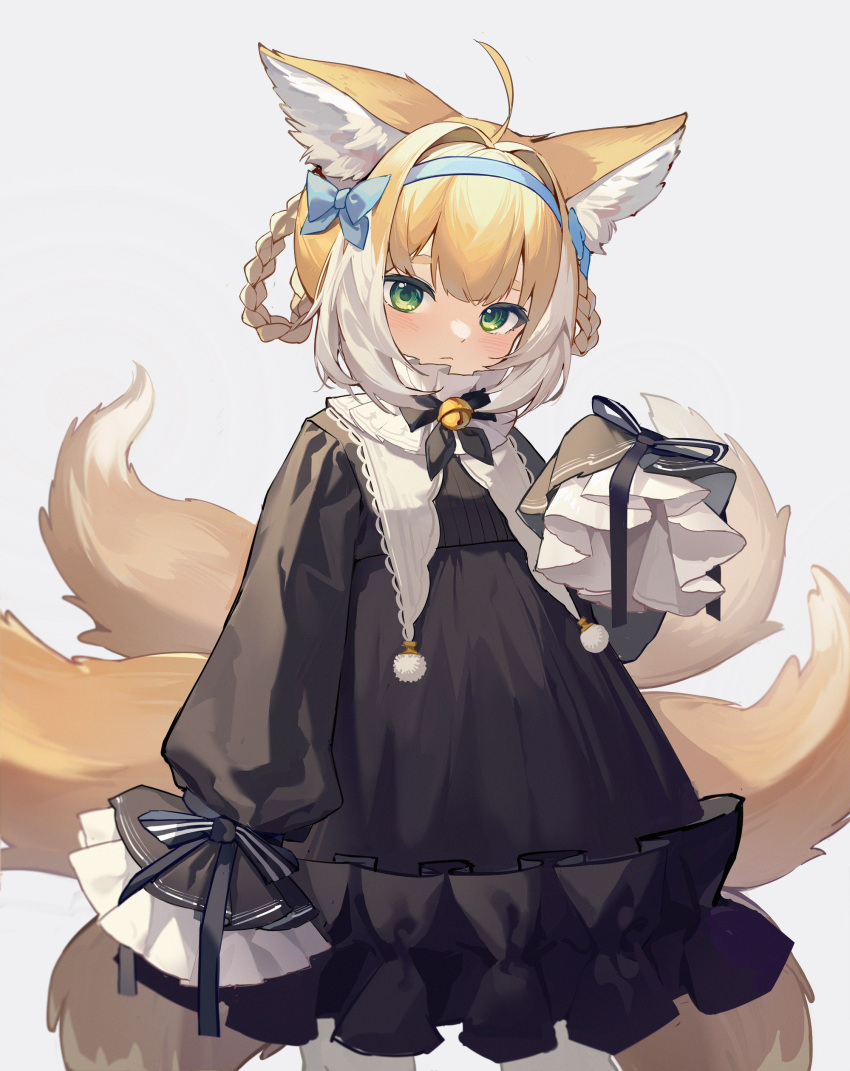 1girl absurdres ahoge alternate_costume animal_ears arknights bell black_bow black_bowtie black_dress blonde_hair blue_bow blue_hairband bow bowtie braid cowboy_shot dress fox_ears fox_girl fox_tail green_eyes grey_background hair_bow hair_intakes hairband highres kankou_tokudou kitsune long_hair long_sleeves looking_at_viewer multicolored_hair multiple_tails neck_bell pom_pom_(clothes) puffy_sleeves simple_background sleeves_past_fingers sleeves_past_wrists solo streaked_hair suzuran_(arknights) tail white_hair