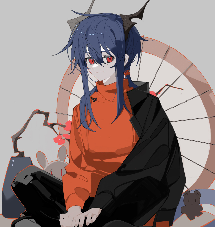 1girl absurdres alternate_costume arknights black_jacket black_pants blue_hair ch'en_(arknights) dragon_girl dragon_horns hair_between_eyes highres horns indian_style jacket lihuashuangxiang long_hair looking_at_viewer low_twintails orange_sweater pants plant potted_plant sidelocks sitting solo sweater twintails umbrella