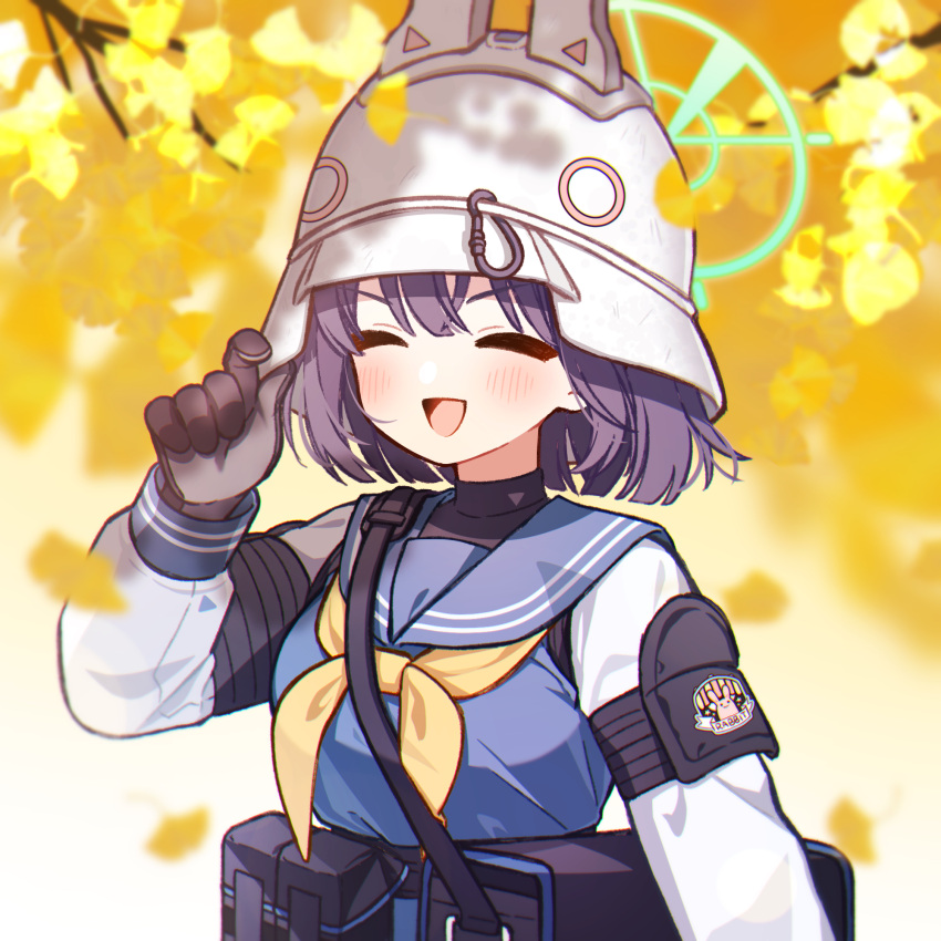 1girl bangs black_gloves blue_archive blush breasts gloves hand_on_headwear helmet highres long_sleeves neckerchief pouch purple_hair sailor_collar saki_(blue_archive) short_hair solo sorakuu white_headwear yellow_neckerchief