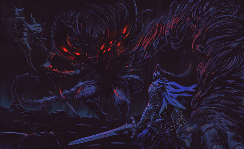 armor artorias_the_abysswalker battle blue_cape cape dark dark_souls_(series) dark_souls_i extra_eyes fighting full_armor gauntlets glowing glowing_eyes helm helmet highres holding holding_jewelry holding_necklace holding_staff holding_sword holding_weapon jewelry manus_father_of_the_abyss max58art monster necklace open_mouth plume staff stitched sword weapon