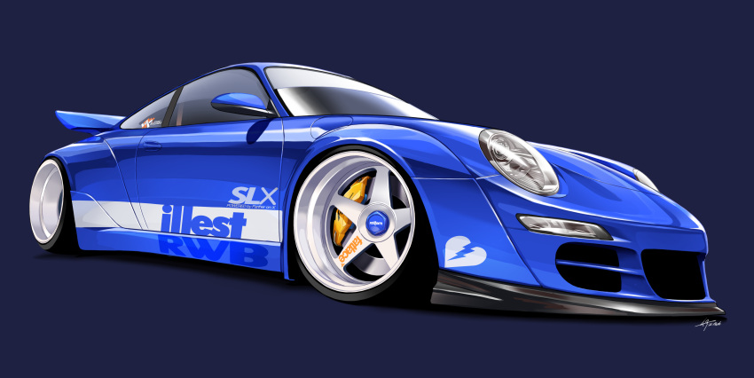 absurdres blue_background car commentary ground_vehicle headlight highres illest_(brand) motor_vehicle no_humans original porsche porsche_911 signature silenxe solo spoiler_(automobile) sports_car vehicle_focus wheel