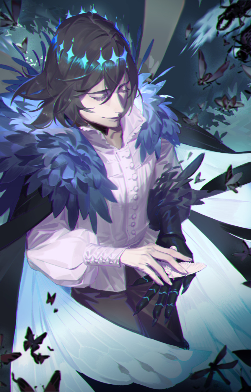 1boy absurdres arthropod_boy bangs black_hair blanca_(fate) bug butterfly claws cloak closed_eyes closed_mouth collared_shirt commentary_request cowboy_shot crown diamond_hairband fate/grand_order fate_(series) feather_boa fur-trimmed_cloak fur_trim glowing highres insect_wings long_sleeves male_focus medium_hair moth nakii oberon_(fate) oberon_(third_ascension)_(fate) official_alternate_costume official_alternate_hair_color puffy_sleeves shirt smile solo white_shirt wings