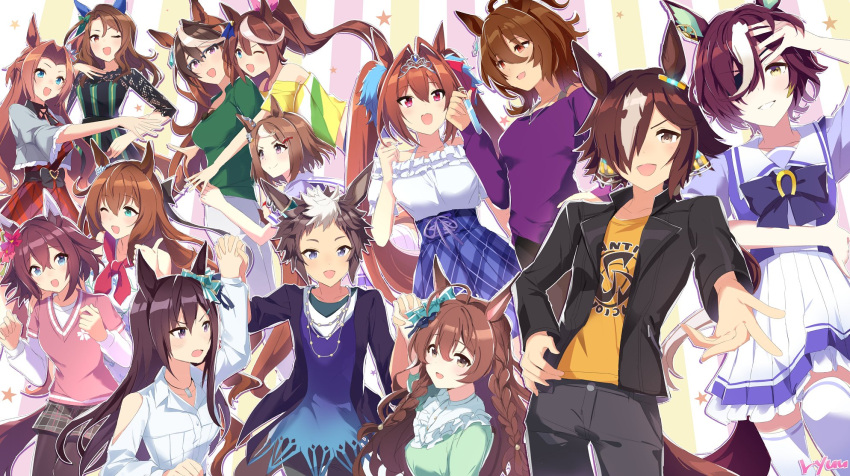 6+girls agnes_tachyon_(umamusume) ahoge animal_ears aqua_eyes bare_shoulders black_pantyhose blonde_hair blue_eyes braid breasts brown_hair daiwa_scarlet_(umamusume) ear_bow ear_covers earrings flower green_skirt hair_between_eyes hair_flower hair_intakes hair_ornament hair_over_one_eye hairclip highres holding_hands horse_ears horse_girl horse_tail jewelry kawakami_princess_(umamusume) king_halo_(umamusume) large_breasts long_hair long_sleeves looking_at_viewer maruzensky_(umamusume) mejiro_bright_(umamusume) mejiro_dober_(umamusume) mejiro_ryan_(umamusume) multicolored_hair multiple_girls necklace official_alternate_costume one_eye_closed open_mouth outstretched_arm pantyhose purple_serafuku red_eyes ryuu_(ryuraconis) sakura_chiyono_o_(umamusume) school_uniform serafuku single_earring skirt smile streaked_hair symboli_rudolf_(umamusume) tail tanino_gimlet_(umamusume) thigh-highs tokai_teio_(umamusume) tracen_school_uniform tsurumaru_tsuyoshi_(umamusume) two_side_up umamusume very_long_hair violet_eyes vodka_(umamusume) white_background white_thighhighs