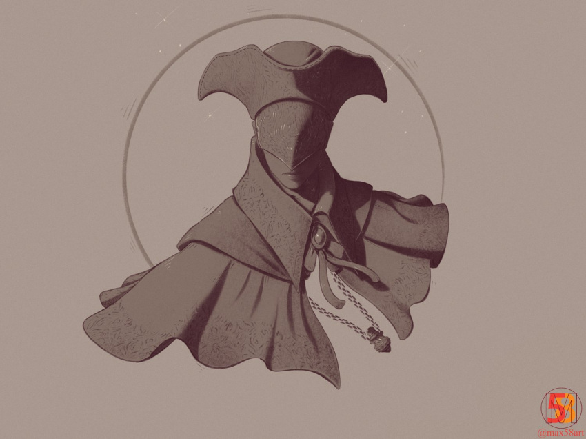 1girl bloodborne brown_theme capelet closed_mouth covered_eyes facing_viewer hat jewelry max58art monochrome necklace solo upper_body yurie_the_last_scholar