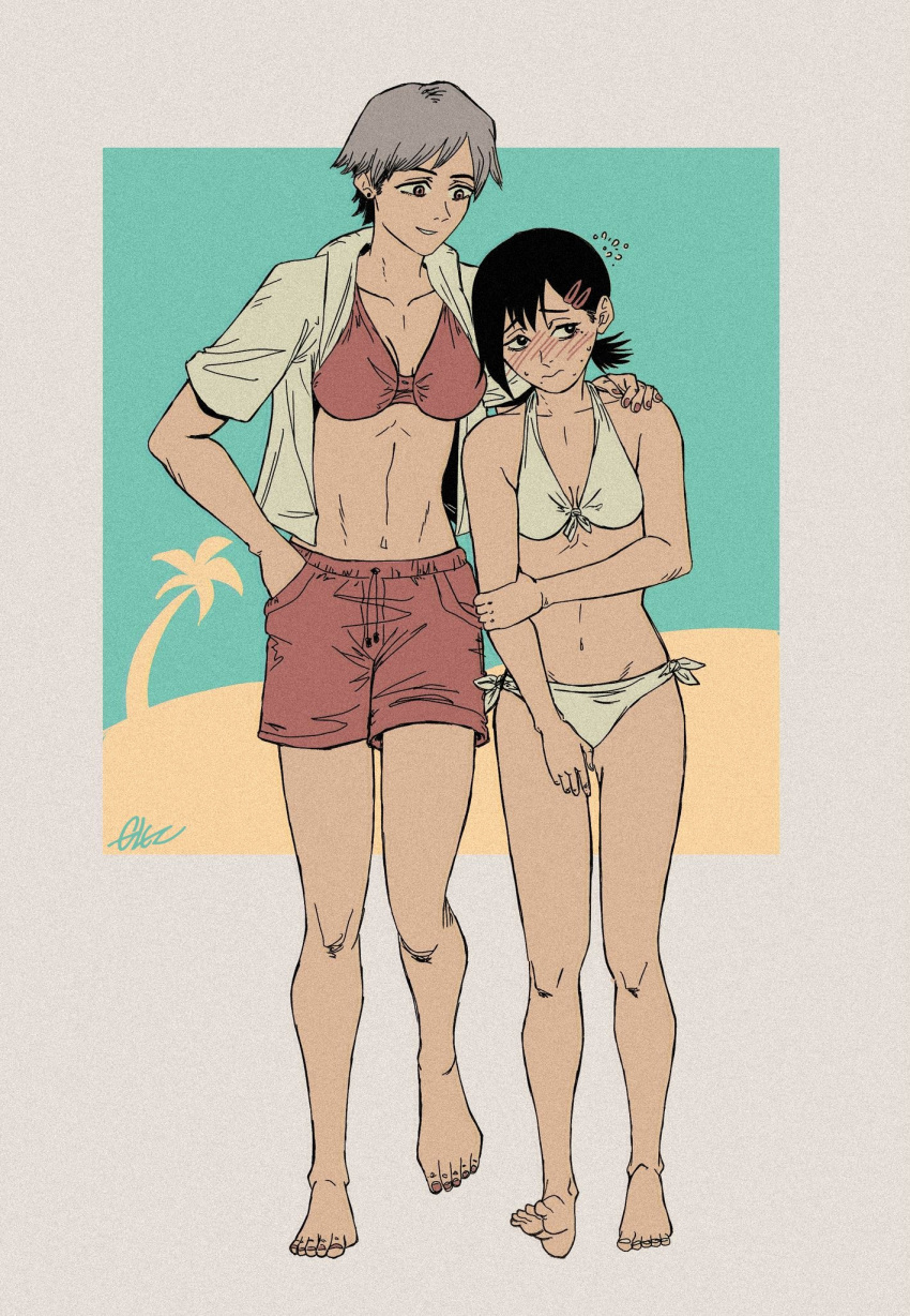 2girls barefoot bikini black_hair blush chainsaw_man full_body glezdoodl grabbing_own_arm grey_hair hands_on_another's_shoulders height_difference higashiyama_kobeni highres multiple_girls photoshop_(medium) red_bikini red_shorts short_hair shorts side-tie_bikini_bottom simple_background swimsuit walking