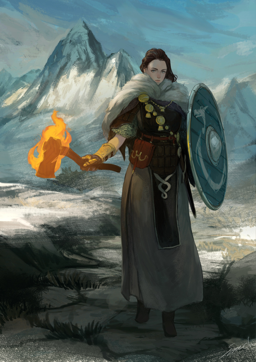 1girl absurdres axe blue_eyes brown_hair cape clouds cloudy_sky day expressionless fantasy fire fur_cape highres holding holding_axe long_hair looking_at_viewer mountain nature original outdoors parted_lips robe scenery shield sky snow solo sonech standing viking warrior weapon winter_clothes