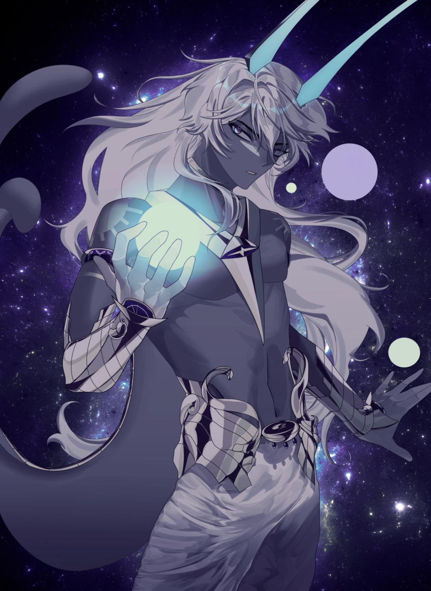 1boy arjuna_(fate) arjuna_alter_(fate) armlet armor bangs blue_horns commentary_request conmu cowboy_shot dark-skinned_male dark_skin expressionless fate/grand_order fate_(series) galaxy gloves glowing_horns gold gold_armor gold_trim grey_eyes highres horns indian_clothes korean_commentary long_hair looking_at_viewer male_focus orb pants parted_lips shiny shiny_hair shiny_skin solo tail topless_male vambraces white_gloves white_hair white_pants