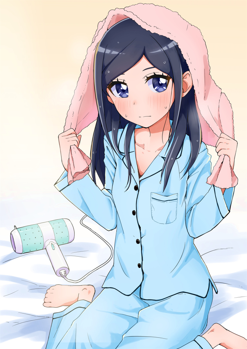 1girl aizawa_zawapo bangs barefoot bed_sheet black_hair blue_eyes blue_pants blue_shirt blush breast_pocket closed_mouth dress_shirt hair_down healin'_good_precure highres long_hair long_sleeves looking_at_viewer pants parted_bangs pocket precure sawaizumi_chiyu shiny shiny_hair shirt sitting solo straight_hair towel wariza wet wet_hair yellow_background