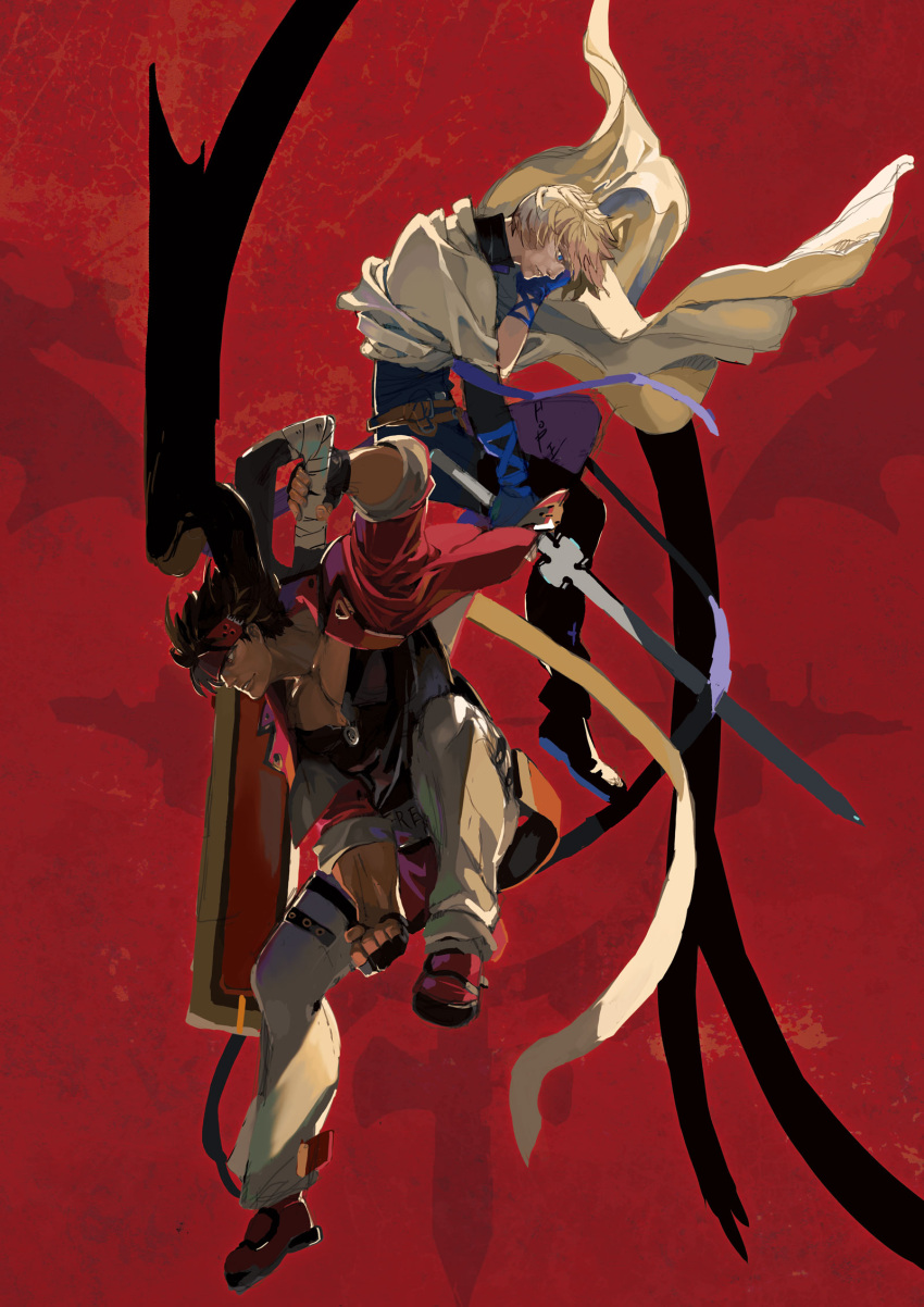2boys abstract_background belt black_footwear black_gloves black_pants blonde_hair blue_eyes blue_gloves brown_hair clenched_hand coat collarbone commentary cover english_text fingerless_gloves forehead_protector full_body gloves guilty_gear guilty_gear_strive headband highres holding holding_sword holding_weapon ishiwatari_daisuke jacket ky_kiske long_sleeves looking_away looking_down multiple_boys muscular muscular_male official_art orange_eyes pants red_background red_footwear red_headband red_jacket scarf shoes sol_badguy sword turtleneck video_game_cover weapon white_coat white_pants