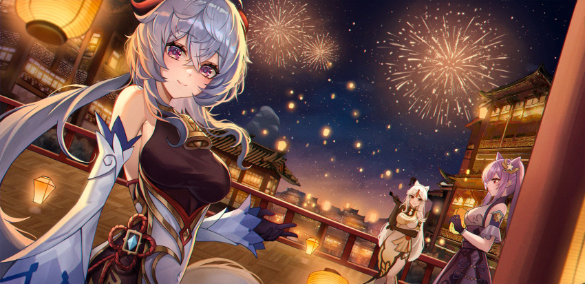 3girls absurdres aerial_fireworks architecture bare_shoulders bell black_gloves blue_hair breasts china_dress chinese_clothes city closed_mouth cone_hair_bun cowbell detached_sleeves double_bun dress dutch_angle east_asian_architecture fireworks ganyu_(genshin_impact) genshin_impact gloves goat_horns hair_between_eyes hair_bun hair_ornament highres holding holding_smoking_pipe horns keqing_(genshin_impact) lamp long_hair looking_at_viewer medium_breasts multiple_girls neck_bell night night_sky ningguang_(genshin_impact) outdoors poise purple_hair sky smile smoking_pipe solo_focus standing tassel tassel_hair_ornament violet_eyes white_hair white_sleeves