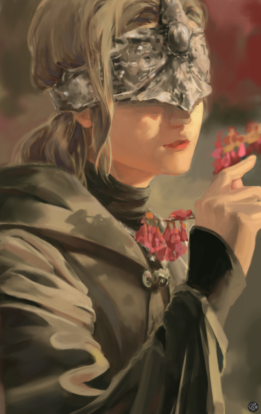 1girl absurdres blindfold blonde_hair cloak closed_mouth covered_eyes dana_(ocana_dana) dark_souls_(series) dark_souls_iii day eye_mask fire_keeper flower highres holding holding_flower long_sleeves mask medium_hair outdoors solo upper_body