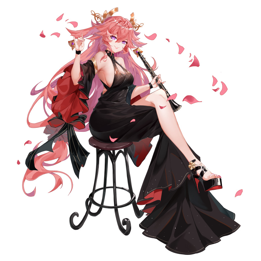 1girl absurdres animal_ears bangs bare_shoulders black_dress clarinet dress evening_gown fox_ears genshin_impact highres instrument kkamikii long_hair looking_at_viewer pink_hair sitting smile solo violet_eyes white_background yae_miko