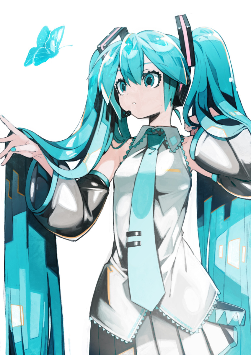 1girl aqua_eyes aqua_hair aqua_necktie black_skirt bug butterfly commentary cowboy_shot detached_sleeves hand_in_own_hair hatsune_miku headset highres long_hair necktie parted_lips shirt simple_background skirt solo standing suzukou symbol-only_commentary twintails very_long_hair vocaloid white_background white_shirt