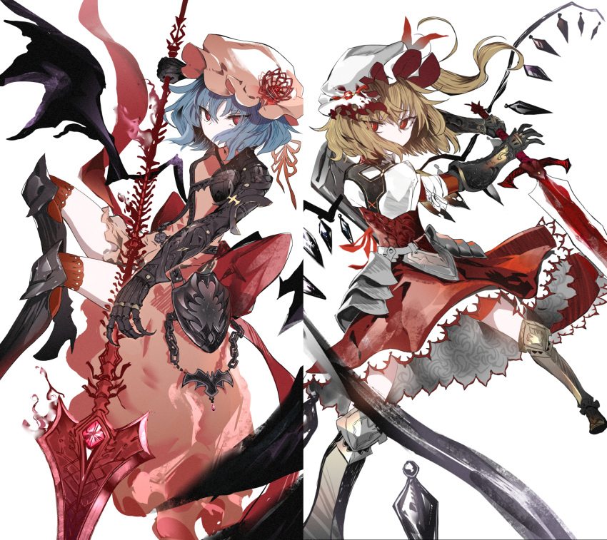 2girls adapted_costume alternate_wing_color alternate_wings armor back_bow bat_wings blonde_hair blue_hair bow crystal flandre_scarlet flower foot_out_of_frame hair_over_mouth hat hat_flower highres holding holding_polearm holding_sword holding_weapon medium_hair mob_cap multiple_girls pink_headwear pink_shirt pink_skirt polearm red_bow red_eyes red_flower red_ribbon red_skirt red_vest remilia_scarlet ribbon ryoma_(rym_369) shirt short_hair side_ponytail simple_background skirt sword touhou vest weapon white_background white_headwear white_shirt wings