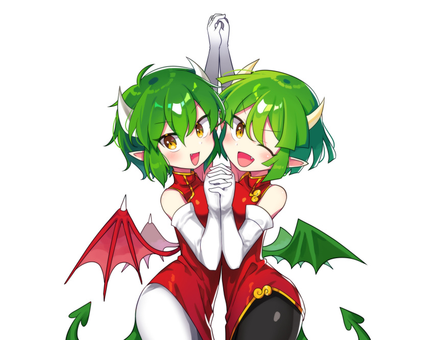 2girls absurdres arms_up black_pants blush brown_eyes china_dress chinese_clothes draco_centauros dragon_girl dragon_horns dragon_tail dragon_wings dress elbow_gloves fang gloves green_hair highres holding_hands horns looking_at_viewer multiple_girls offbeat one_eye_closed open_mouth pants pantyhose pointy_ears puyopuyo red_dress short_hair sidelocks simple_background smile tail white_background white_gloves white_pantyhose wings