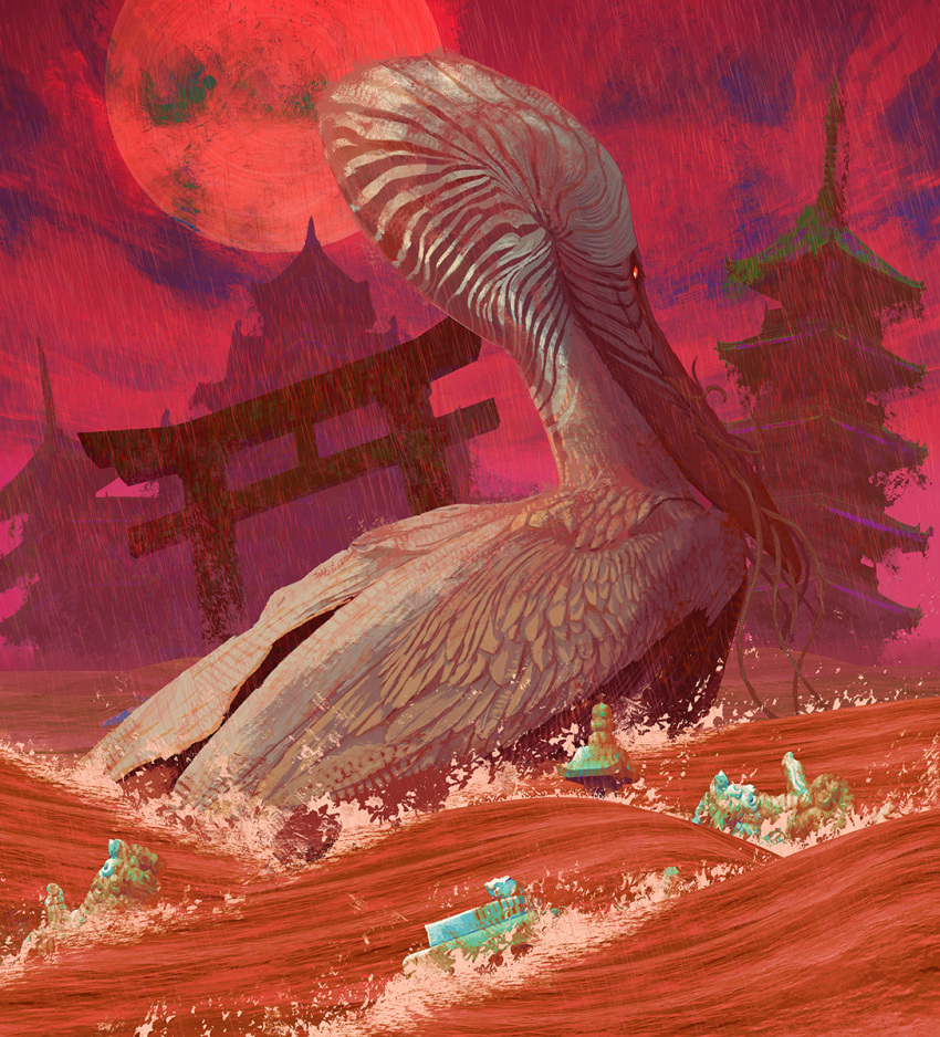 architecture bird building east_asian_architecture feathers highres komainu monster mouth_hold no_humans original outdoors rain red_theme scenery splashing torii toy(e) water waves wet yuugai_choujuu