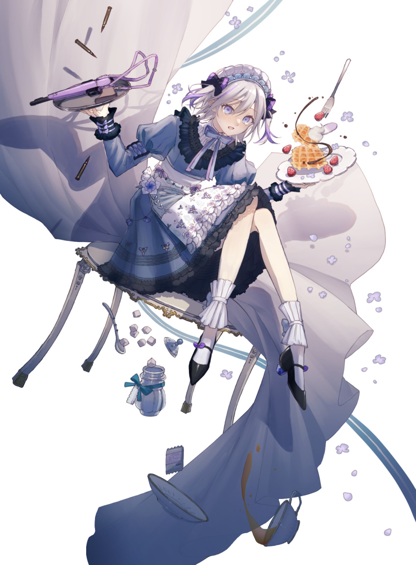 1girl alternate_costume apron bullet commentary commentary_request contender_(flowerful_maid)_(girls'_frontline) contender_(girls'_frontline) cup english_commentary enmaided food fork frilled_socks frills fruit girls_frontline gun handgun high_heels highres holding holding_tray maid maid_apron maid_headdress official_alternate_costume partial_commentary plate rabb_horn saucer socks solo spoon strawberry sugar_cube tea teacup thompson/center_contender tray waffle weapon whipped_cream
