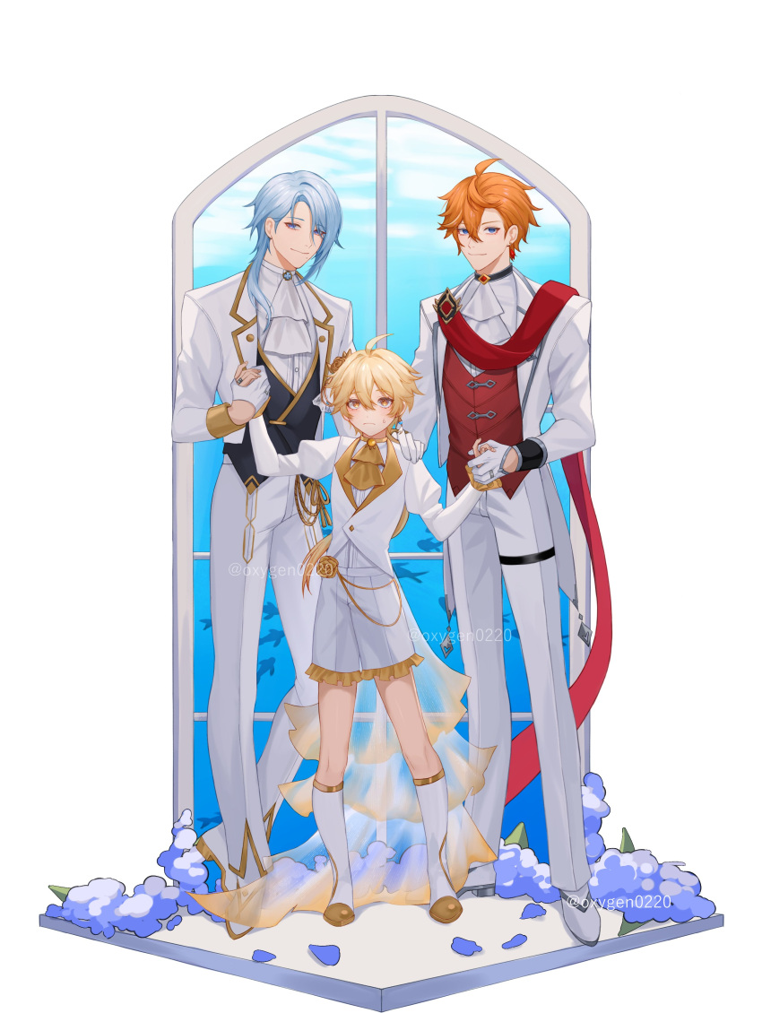 3boys absurdres aether_(genshin_impact) bangs blonde_hair blue_eyes blue_hair boots cape closed_mouth earrings frown genshin_impact hair_between_eyes highres jacket jewelry kamisato_ayato long_sleeves male_focus multiple_boys orange_hair oxygen_(0220) pants red_cape shirt shorts single_earring tartaglia_(genshin_impact) vest white_jacket white_pants white_shirt white_shorts yellow_eyes