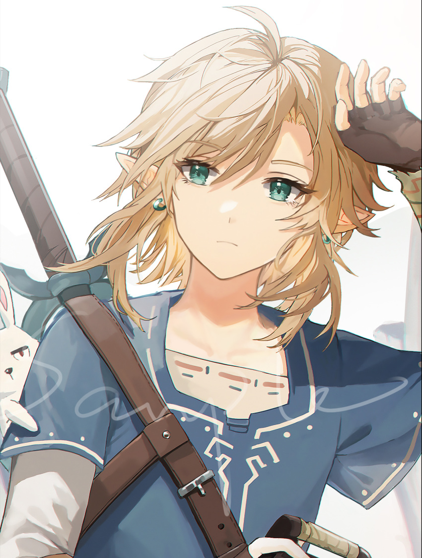 1boy animal bangs blonde_hair blue_eyes blue_tunic closed_mouth ear_piercing fingerless_gloves gloves hair_between_eyes highres holding jewelry link mada_(shizhou) male_focus piercing pointy_ears rabbit sample_watermark sheikah_slate simple_background solo sword the_legend_of_zelda the_legend_of_zelda:_breath_of_the_wild tunic upper_body weapon weapon_on_back white_background