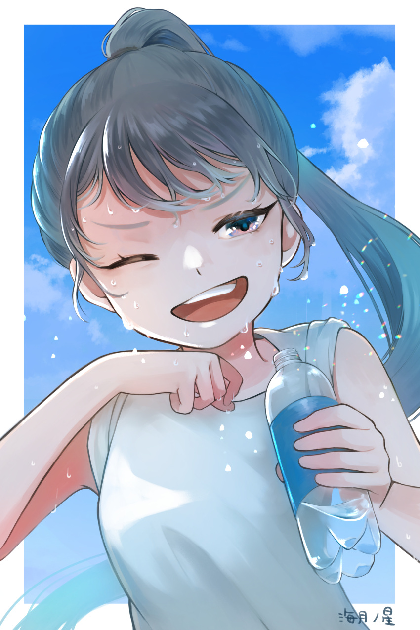 1girl absurdres bangs blue_sky bottle clouds eyelashes flying_sweatdrops green_hair highres holding holding_bottle kuragenohoshi26 one_eye_closed open_mouth original shirt signature sky sleeves_rolled_up smile sweat teeth upper_body upper_teeth water water_bottle water_drop wet wet_hair white_shirt wiping_face