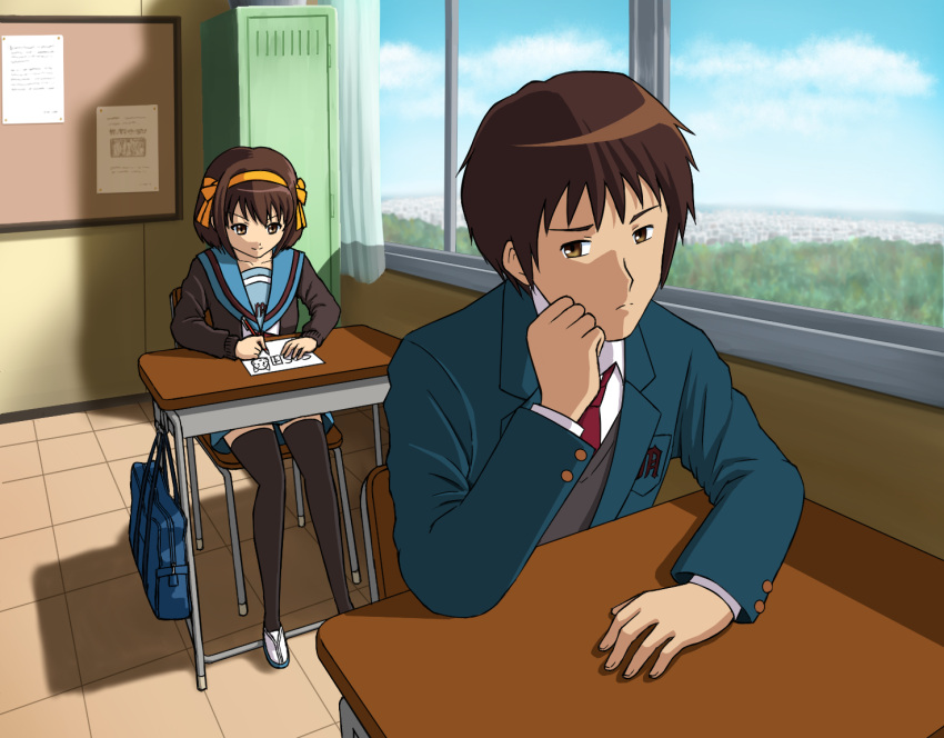 1boy 1girl bag bangs black_thighhighs blue_sailor_collar blue_skirt bob_cut brown_eyes brown_hair chair classroom closed_mouth commentary_request day desk fujita_sho hair_ribbon hairband hand_on_own_cheek hand_on_own_face holding holding_pencil indoors kita_high_school_uniform kyon long_sleeves paper pencil ribbon sailor_collar school_bag school_chair school_desk school_uniform serafuku shadow shoes short_hair sitting skirt smile suzumiya_haruhi suzumiya_haruhi_no_yuuutsu thigh-highs uwabaki white_footwear window writing yellow_hairband yellow_ribbon