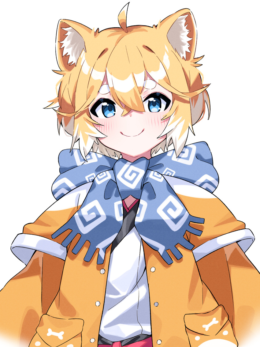 1boy ahoge animal_ear_fluff animal_ears blonde_hair blue_scarf fringe_trim highres jacket japanese_clothes kim_tosyeo kimono looking_at_viewer male_focus multicolored_hair open_clothes open_jacket orange_jacket scarf simple_background solo thick_eyebrows tongkkangi tosyeo two-tone_hair upper_body white_background white_hair white_kimono