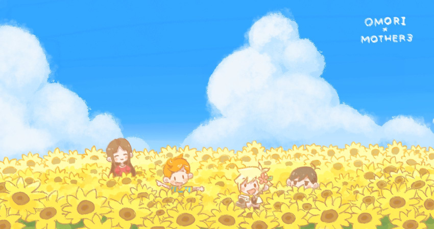 1girl 3boys basil_(omori) black_hair blonde_hair blue_sky blush brown_hair camera chibi claus_(mother_3) closed_eyes closed_mouth clouds copyright_name day facing_another flower hair_flower hair_ornament highres hinawa holding holding_camera mother_(game) mother_3 multiple_boys omori open_mouth orange_hair outdoors shirt short_hair short_sleeves sky smile striped striped_shirt sun_iiinu sunflower sunny_(omori)