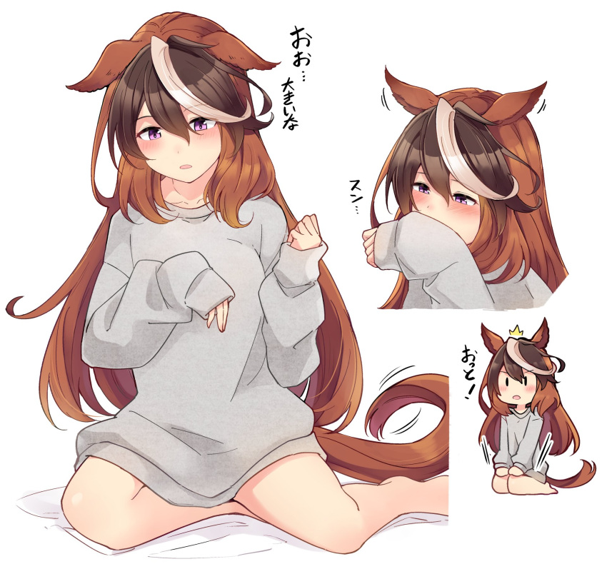 1girl animal_ears brown_hair commentary_request greyscale highres horse_ears horse_girl horse_tail ido_(teketeke) long_hair monochrome multicolored_hair multiple_views seiza simple_background sitting sleeves_past_wrists smelling sweatshirt symboli_rudolf_(umamusume) tail translation_request umamusume violet_eyes white_background white_hair