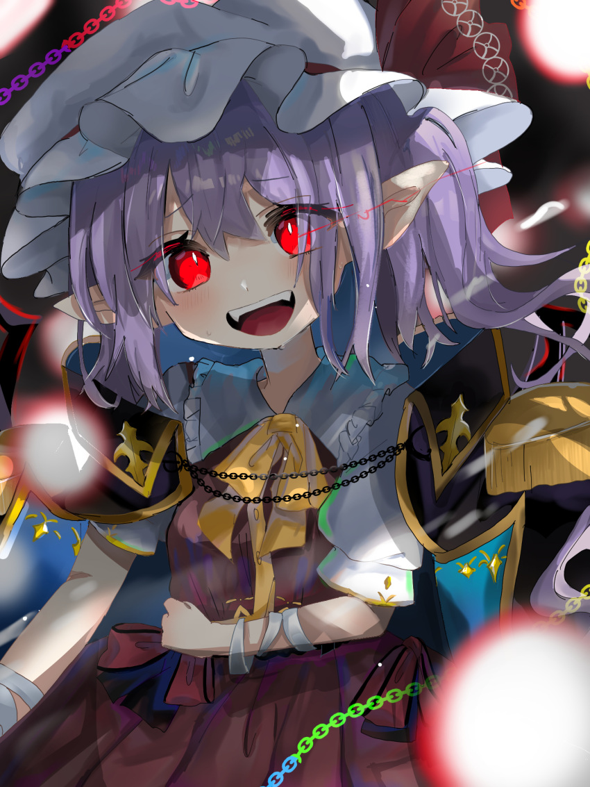 1girl :d bandaged_arm bandages bow bowtie epaulettes fangs flandre_scarlet hat highres looking_at_viewer mob_cap one_side_up open_mouth pointy_ears purple_hair ramochi red_eyes short_hair short_sleeves smile solo touhou touhou_lost_word upper_body white_headwear yellow_bow yellow_bowtie