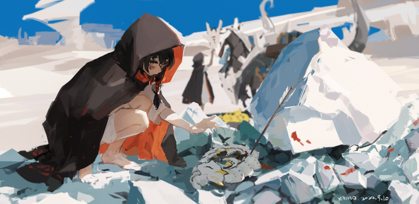 2girls arrow_(projectile) bangs barefoot black_hair braid cloak dress full_body hair_between_eyes highres hood hooded_cloak kneeling multiple_girls original outdoors reaching short_hair single_braid sky solo_focus tattoo white_dress xilmo yellow_eyes