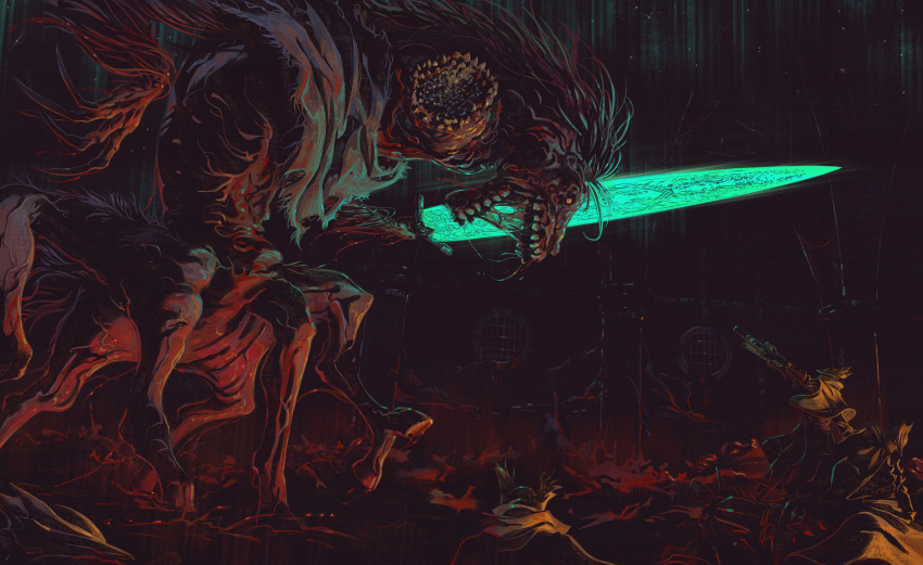 aiming bloodborne from_side giant giant_monster gun hat highres holding holding_gun holding_sword holding_weapon hunter_(bloodborne) ludwig_the_accursed max58art monster moonlight_greatsword profile stitched sword weapon