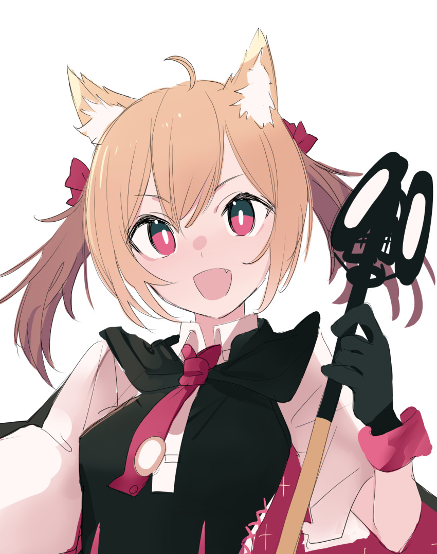 1girl :d ahoge animal_ears arknights black_cape black_gloves black_shirt bow bright_pupils cape collared_shirt fang gloves hair_bow highres holding holding_microphone long_hair looking_at_viewer microphone necktie one-hour_drawing_challenge open_mouth red_bow red_eyes red_necktie shirt simple_background smile solo sora_(arknights) tetuw twintails two-sided_cape two-sided_fabric undershirt upper_body white_background white_pupils white_shirt wolf_ears wolf_girl