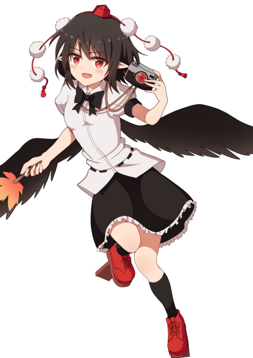 1girl bird_wings black_bow black_bowtie black_hair black_skirt black_socks black_wings blush bow bowtie camera collared_shirt feathered_wings frilled_skirt frills full_body geta hat hauchiwa highres holding holding_camera kneehighs open_mouth pom_pom_(clothes) puffy_short_sleeves puffy_sleeves red_eyes red_footwear red_headwear shameimaru_aya shirt short_sleeves simple_background skirt socks solo tassel tengu-geta tksand tokin_hat touhou white_background white_shirt wings